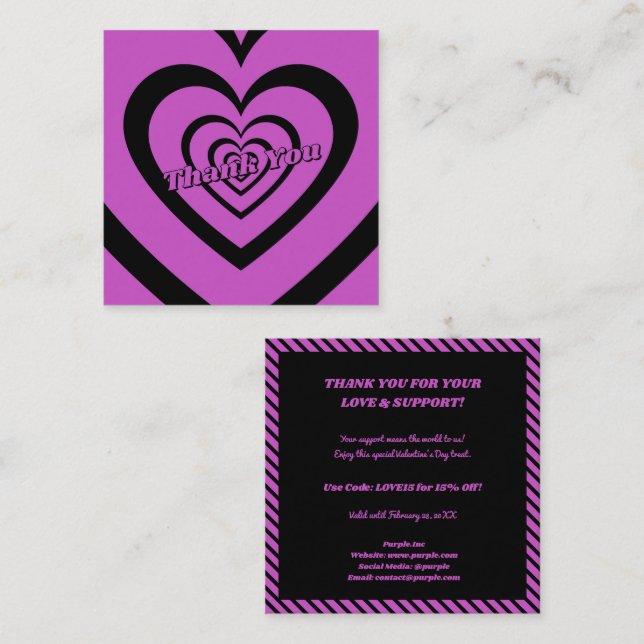 Valentine Purple Black Hypnotic Heart Thank You  Square Business Card (Front/Back)