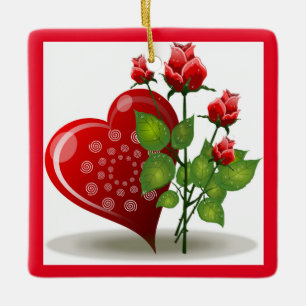 VALENTINE RED HEART AND RED ROSES CERAMIC ORNAMENT