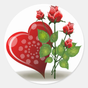 VALENTINE RED  HEART AND RED ROSES CLASSIC ROUND STICKER