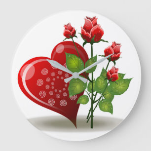 VALENTINE RED  HEART AND RED ROSES LARGE CLOCK