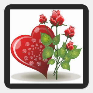 VALENTINE RED  HEART AND RED ROSES SQUARE STICKER