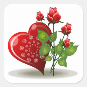 VALENTINE RED  HEART AND RED ROSES SQUARE STICKER