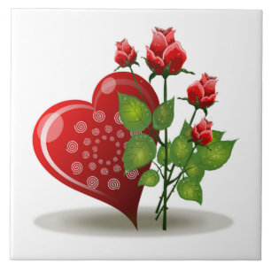 VALENTINE RED HEART AND RED ROSES TILE