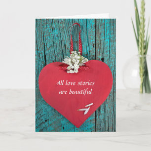 Valentine red heart on rustic wood holiday card