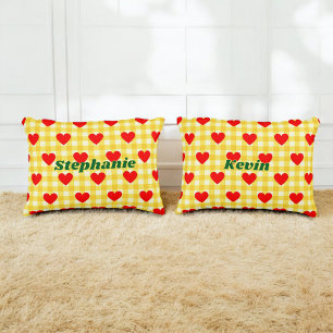 Valentine Red Heart Yellow Gingham Couple Gift Decorative Cushion