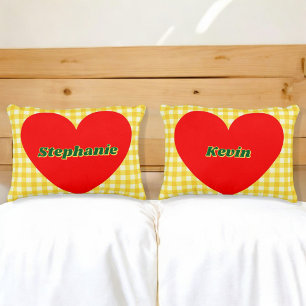 Valentine Red Heart Yellow Gingham Couple Gift Decorative Cushion
