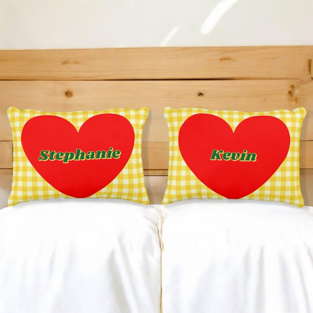 Valentine Red Heart Yellow Gingham Couple Gift Decorative Cushion (Creator Uploaded)