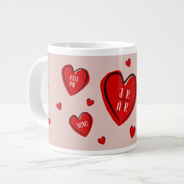 Valentine Red Hearts Cute Customise Couple's Pink Large Coffee Mug (Front Left)