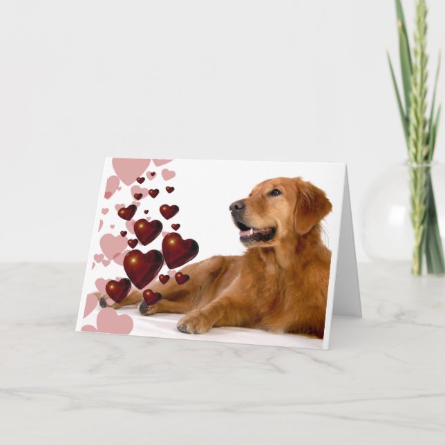 Valentine Red Hearts Golden Retriever Dog Holiday Card (Front)