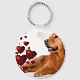 Valentine Red Hearts Golden Retriever Dog Key Ring