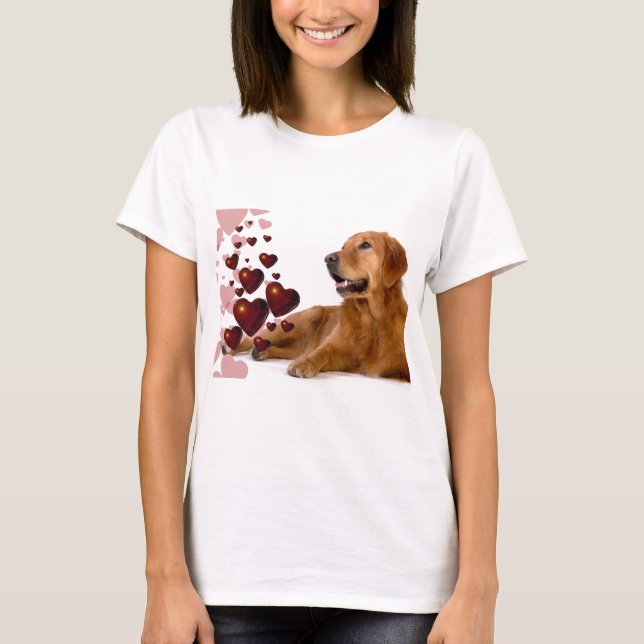 Valentine Red Hearts Golden Retriever Dog T-Shirt (Front)