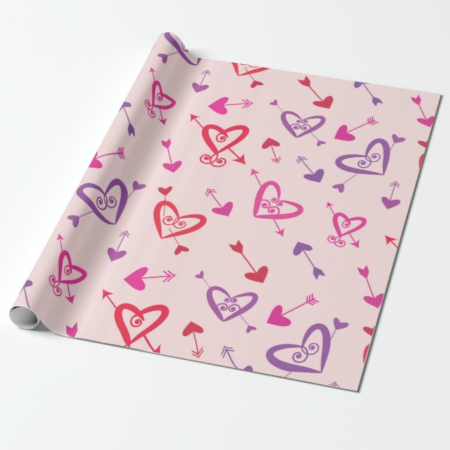 Valentine Red Pink Purple Hearts with Arrows  Wrapping Paper (Unrolled)