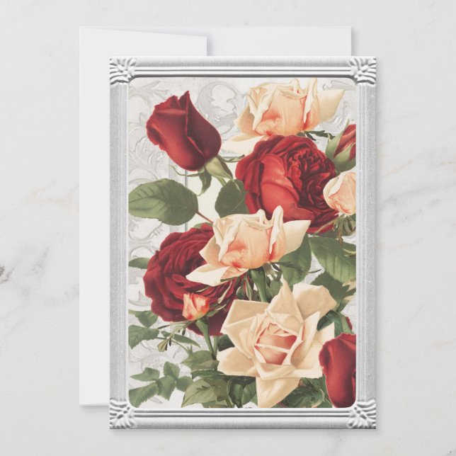 Valentine Red Rose Pink Rose Floral Silver Frame  Holiday Card (Front)