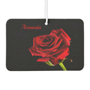 Valentine red rose with water droplets and name car air freshener