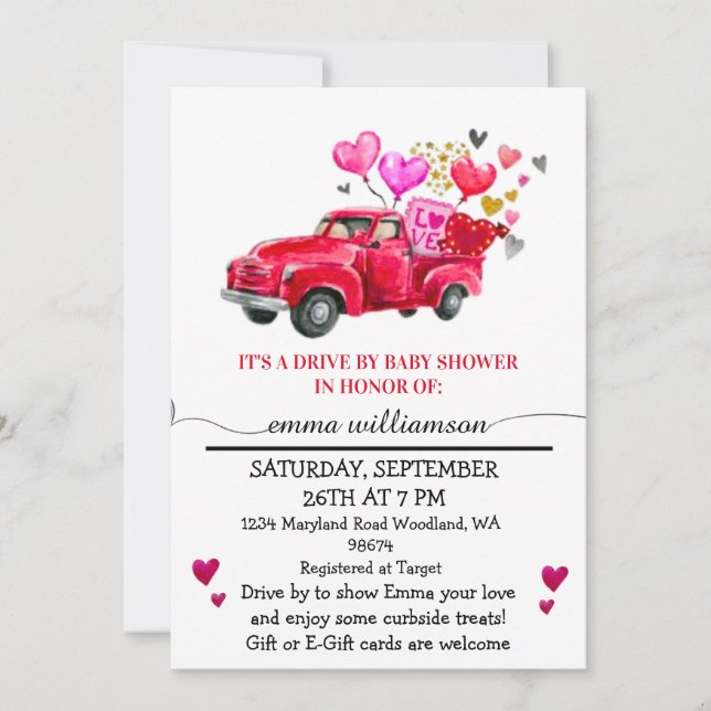 Valentine Red  Truck | Drive By Baby Shower  Invitation (Front)