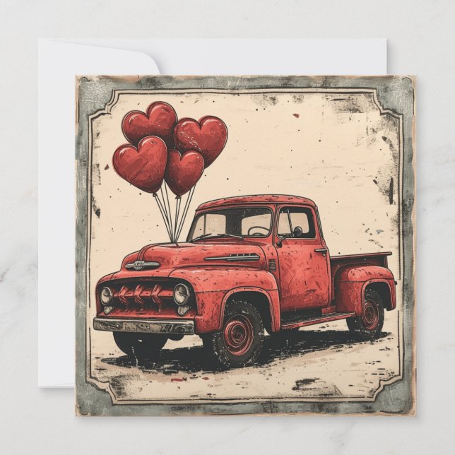 Valentine Red Truck:  Vintage Hearts Holiday Card (Front)
