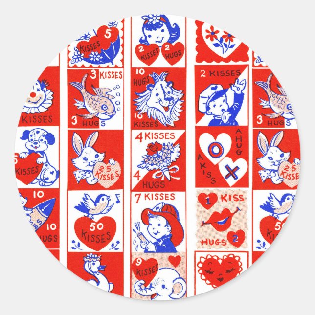 Valentine Retro Love Hugs Cute Pattern Classic Round Sticker (Front)