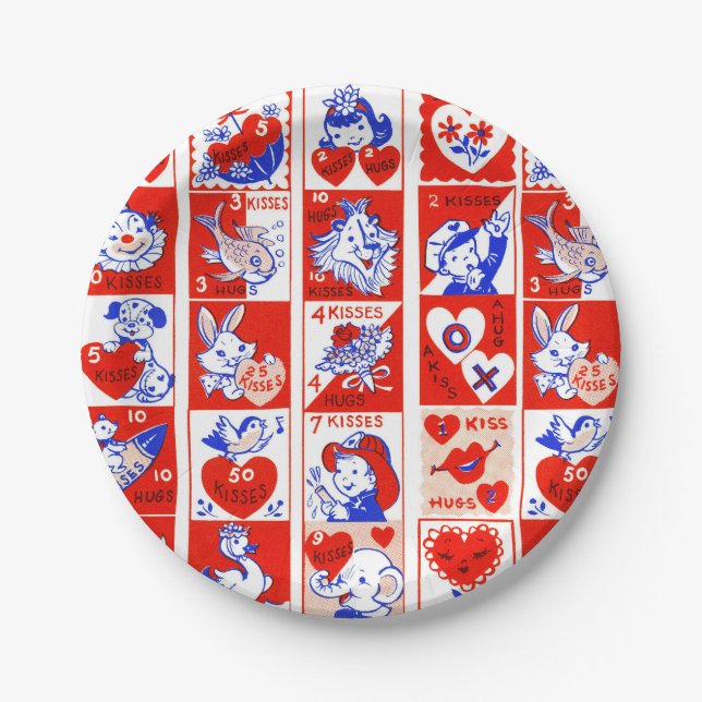 Valentine Retro Love Hugs Cute Pattern Paper Plate (Front)