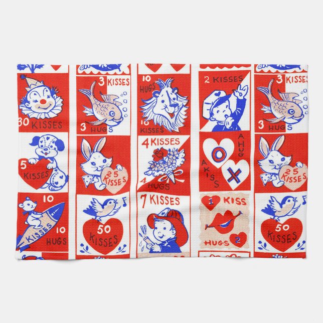 Valentine Retro Love Hugs Cute Pattern Tea Towel (Horizontal)