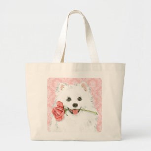 Valentine Rose American Eskimo Dog Large Tote Bag