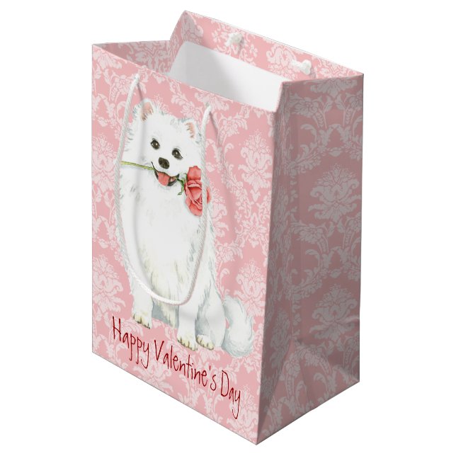 Valentine Rose American Eskimo Dog Medium Gift Bag (Front Angled)