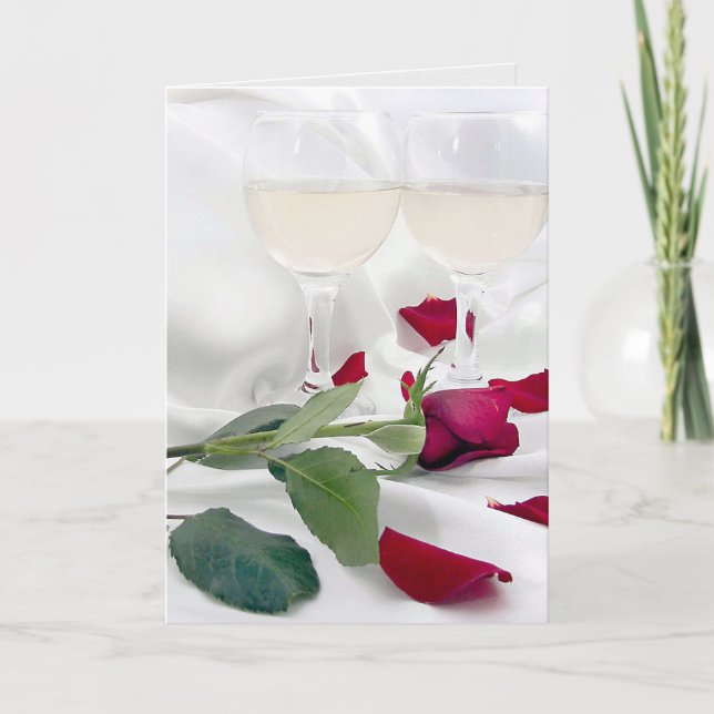 Valentine Rose and Wine on Satin Holiday Card (Front)