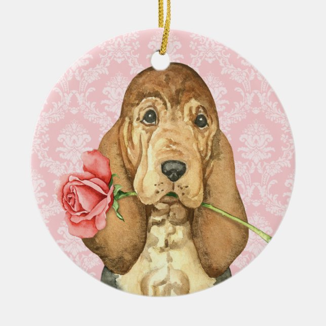 Valentine Rose Bloodhound Ceramic Tree Decoration (Front)