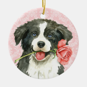 Valentine Rose Border Collie Ceramic Tree Decoration