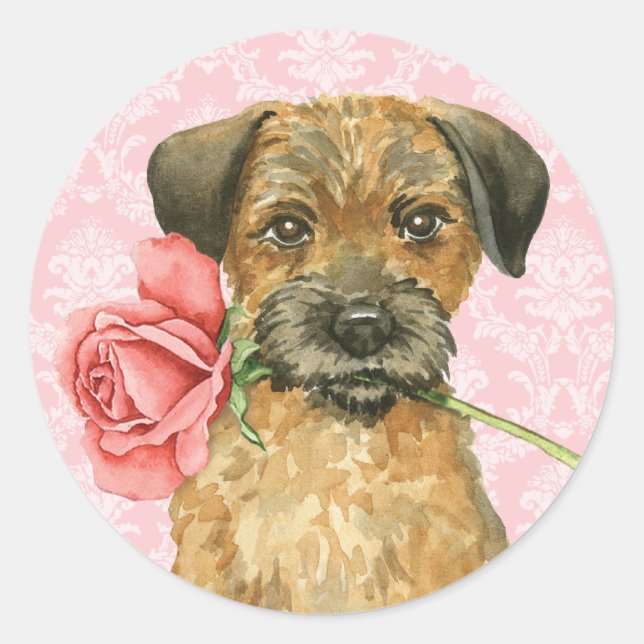 Valentine Rose Border Terrier Classic Round Sticker (Front)