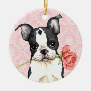 Valentine Rose Boston Terrier Ceramic Tree Decoration