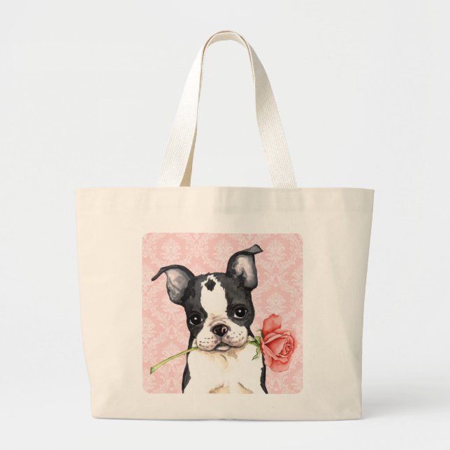 Valentine Rose Boston Terrier Large Tote Bag (Front)