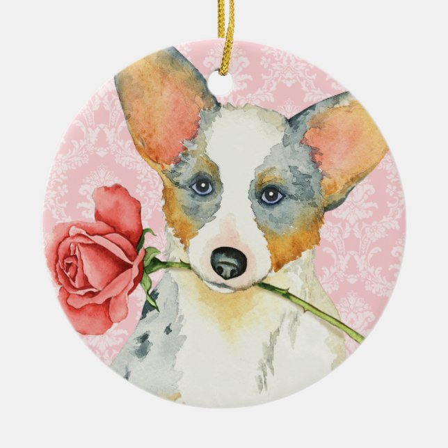Valentine Rose Cardigan Welsh Corgi Ceramic Tree Decoration (Front)