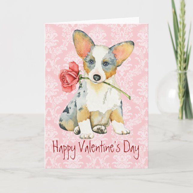 Valentine Rose Cardigan Welsh Corgi Holiday Card (Front)