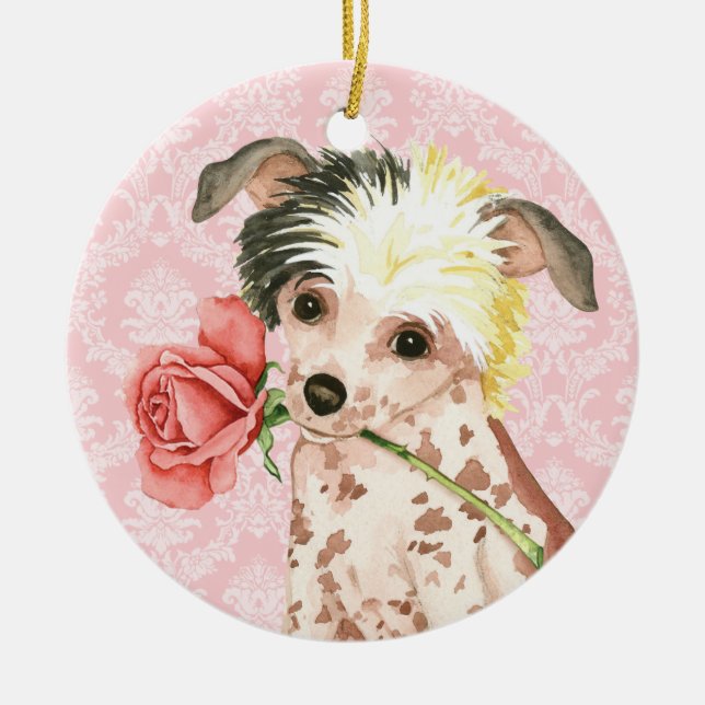 Valentine Rose Chinese Crested Ceramic Tree Decoration (Front)