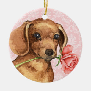 Valentine Rose Dachshund Ceramic Tree Decoration