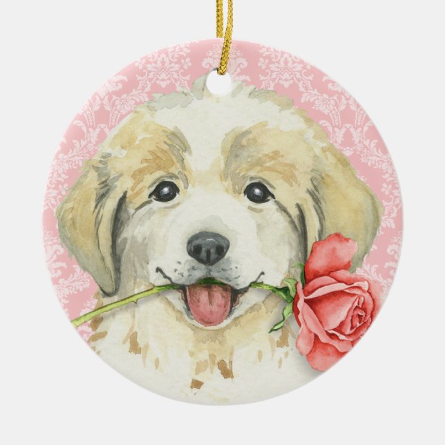 Valentine Rose Great Pyrenees Ceramic Tree Decoration (Front)