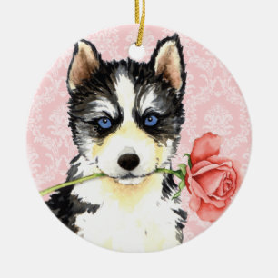 Valentine Rose Husky Ceramic Tree Decoration