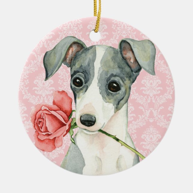 Valentine Rose Italian Greyhound Ceramic Tree Decoration (Front)
