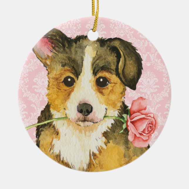 Valentine Rose Pembroke Welsh Corgi Ceramic Tree Decoration (Front)