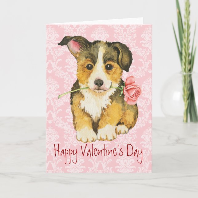 Valentine Rose Pembroke Welsh Corgi Holiday Card (Front)