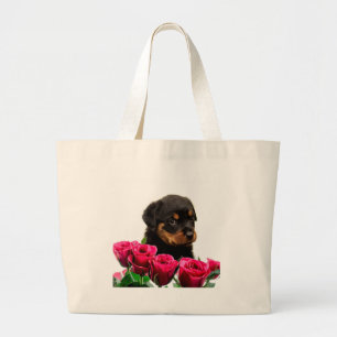 Valentine Rose Rottweiler Puppy Large Tote Bag