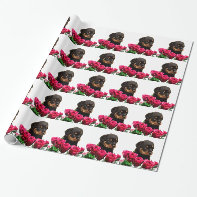 Valentine Rose Rottweiler Puppy Wrapping Paper (Unrolled)
