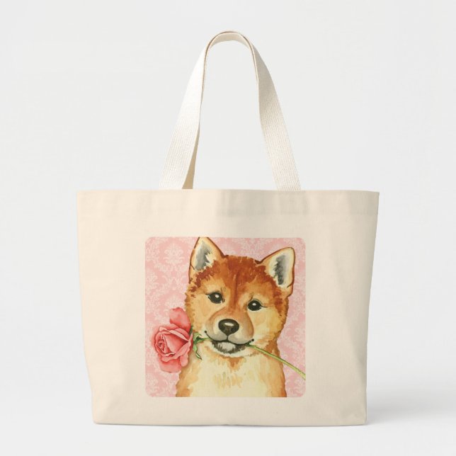 Valentine Rose Shiba Inu Large Tote Bag (Front)