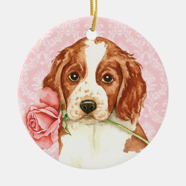 Valentine Rose Welshie Ceramic Tree Decoration (Front)