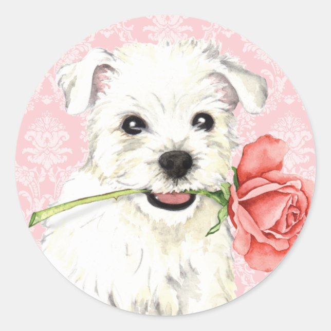 Valentine Rose Westie Classic Round Sticker (Front)