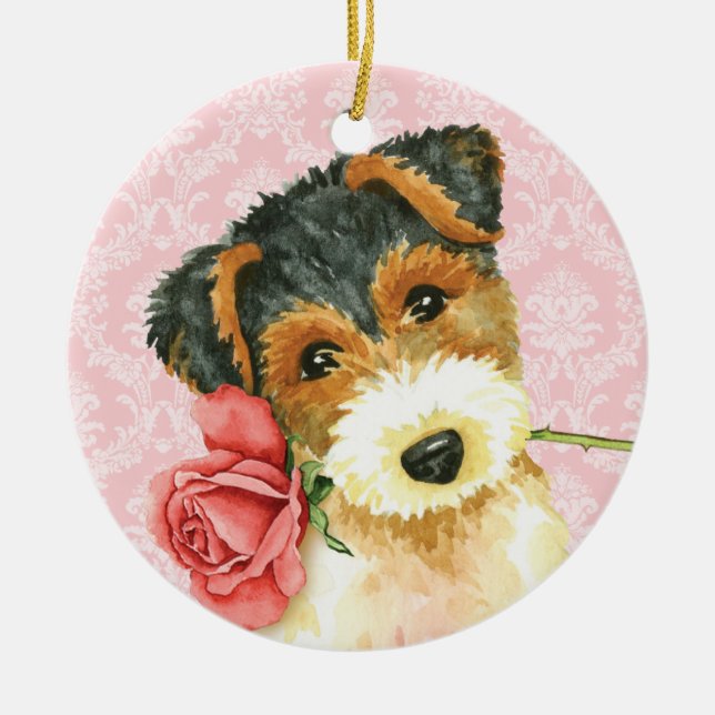 Valentine Rose Wire Fox Terrier Ceramic Tree Decoration (Front)