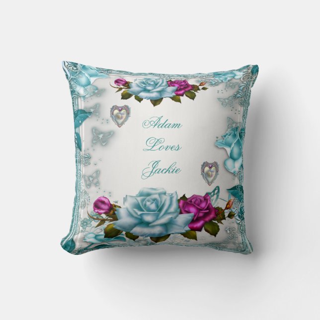 Valentine Roses White Blue Teal Pink Floral Cushion (Front)