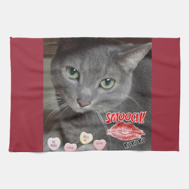 Valentine Russian Blue Cat Tea Towel (Horizontal)