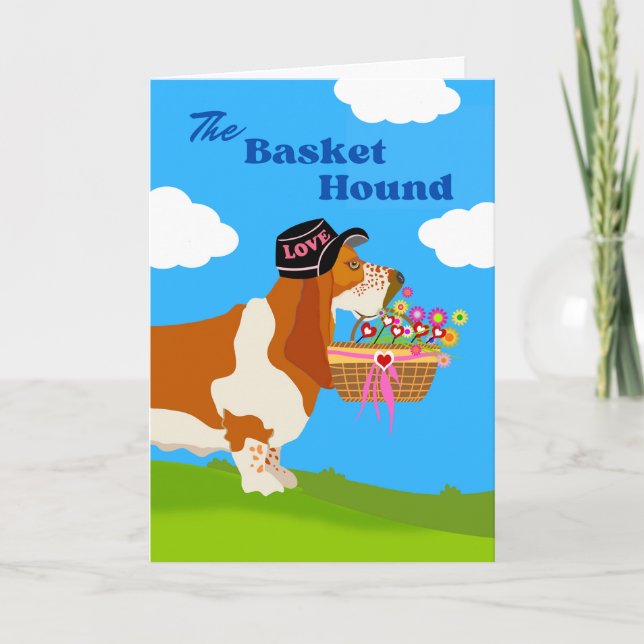 Valentine’s Day Adorable Basket Basset Hound Card (Front)