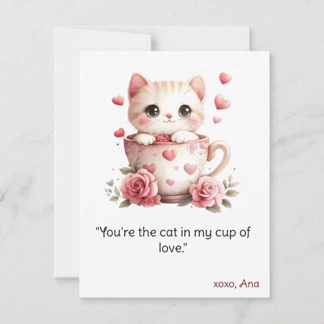 Valentine’s Day card, cats in cups, cute cat Valen Holiday Card (Front)